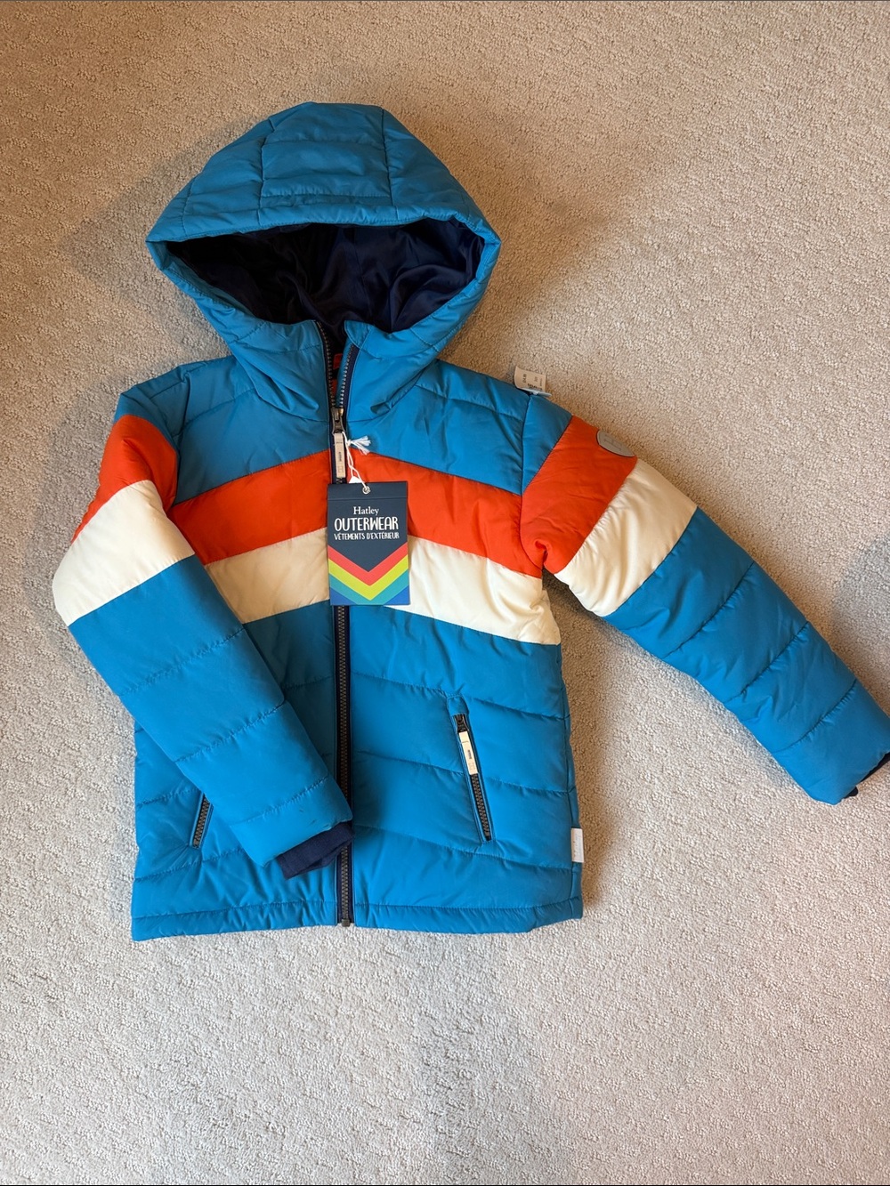 NWT Hatley Kids Blue, Orange & White Hooded Puffer Jacket
